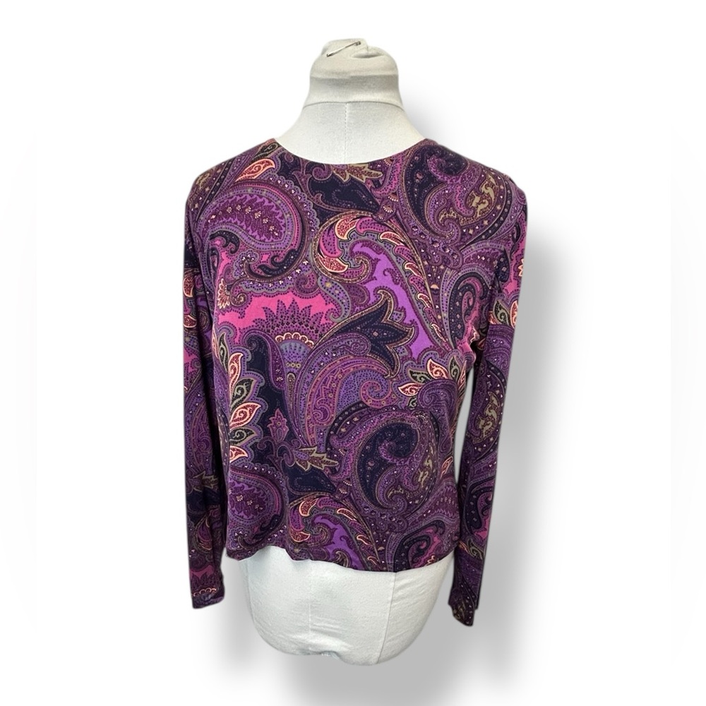 Carlisle Womens Long Sleeve Crew Neck Silk Paisley Blouse VTG 90s Boho Purple 10